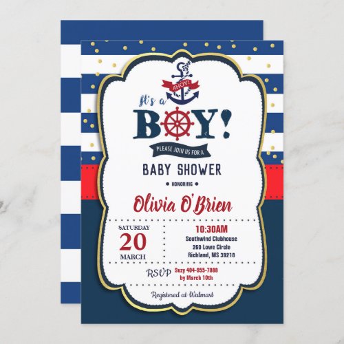 Nautical Its a Boy Red and Navy Blue Baby Shower Invitation
