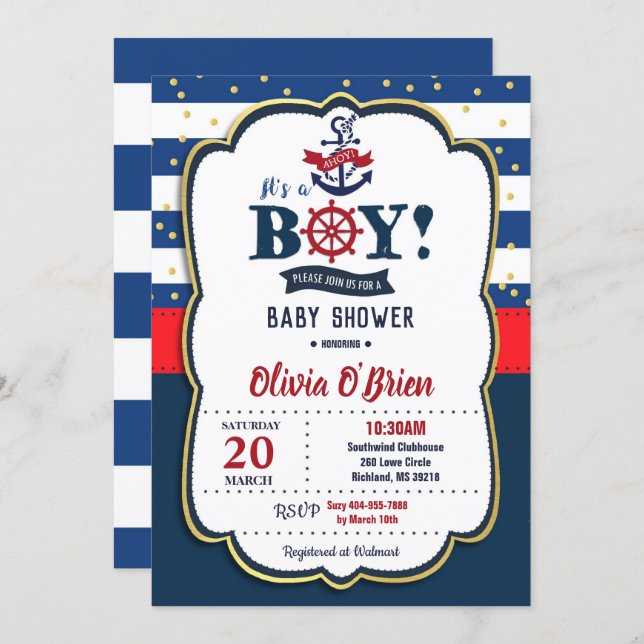 Nautical It's a Boy Red and Navy Blue Baby Shower Invitation (Front/Back)