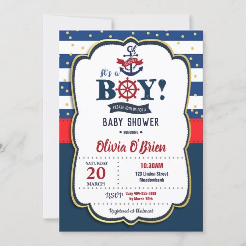 Nautical Its a Boy Red and Navy Blue Baby Shower Invitation
