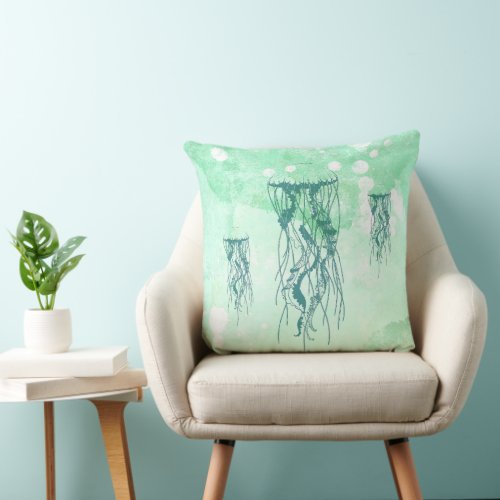 Nautical Jellyfish Sea Green Watercolor Throw Pillow