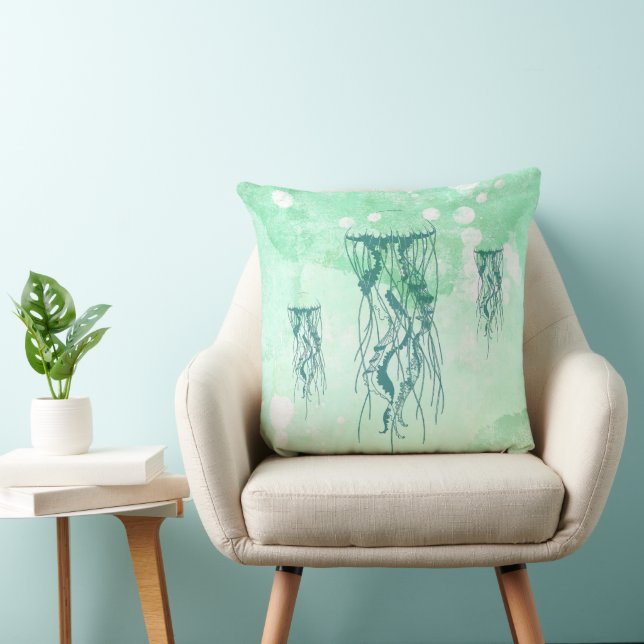 Nautical Jellyfish Sea Green Watercolor Throw Pillow (Chair)