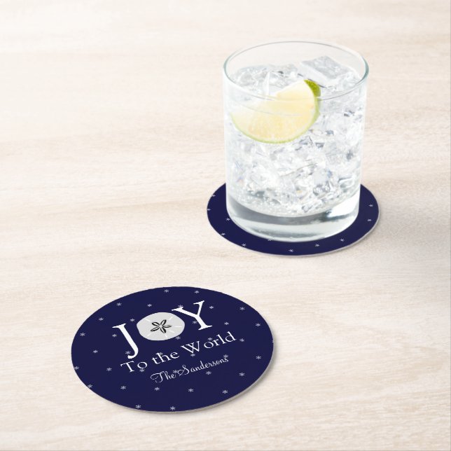 Nautical Joy Sandollar Blue White Christmas  Round Paper Coaster (Insitu)