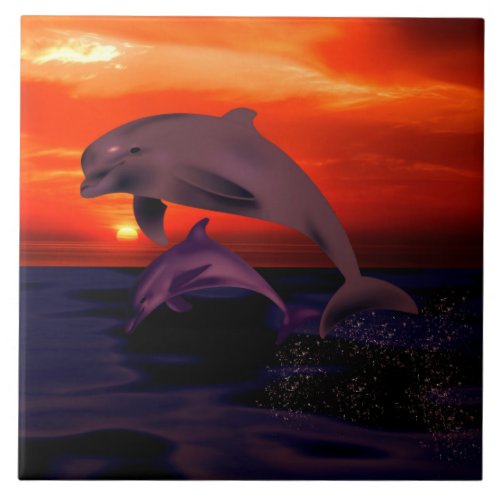 Nautical Jumping Dolphins Orange Ocean Sunset Ceramic Tile
