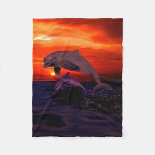 Nautical Jumping Dolphins Orange Ocean Sunset Fleece Blanket