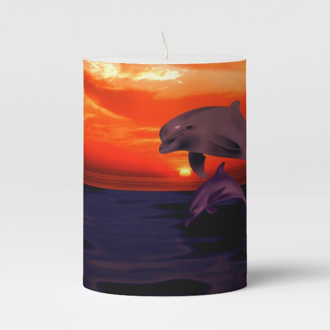 Nautical Jumping Dolphins Orange Ocean Sunset Pillar Candle (Front)