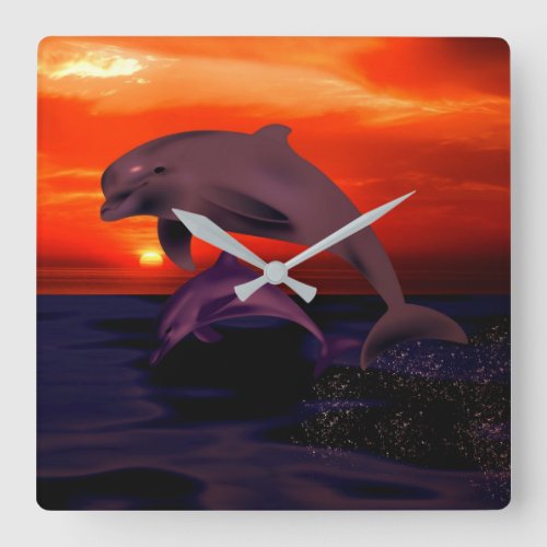 Nautical Jumping Dolphins Orange Ocean Sunset Square Wall Clock