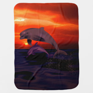 Nautical Jumping Dolphins Orange Ocean Sunset Stroller Blanket