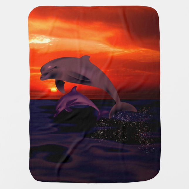 Nautical Jumping Dolphins Orange Ocean Sunset Stroller Blanket (Front)