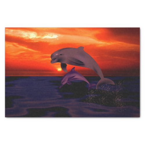 Nautical Jumping Dolphins Orange Ocean Sunset Tissue Paper
