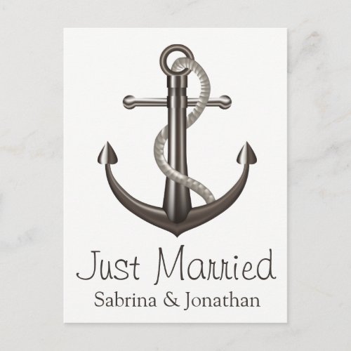 Nautical  Just Married Anchor Brown Gray  Wedding Announcement Postcard