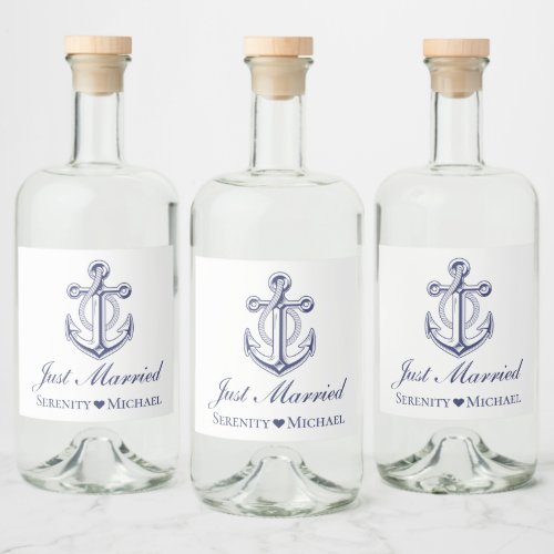 Nautical Just Married Navy Blue Anchor Wedding Liquor Bottle Label
