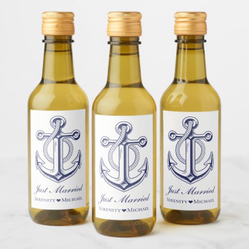 Nautical Just Married Navy Blue Anchor Wedding Wine Label