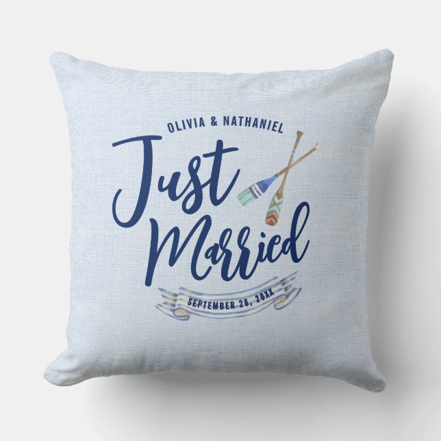 Nautical Just Married Navy Blue Script Throw Pillow (Front)
