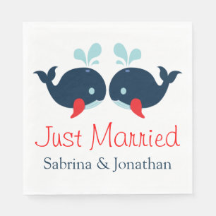 Nautical Just Married Navy Red Whales Wedding Napkins
