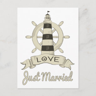 Nautical Just Married Wedding Lighthouse & Ship Announcement Postcard