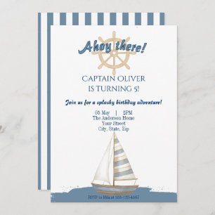 Nautical Kids Birthday Blue & White boat Invitation
