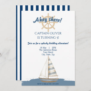 Nautical Kids Birthday Navy Blue & White boat Invitation
