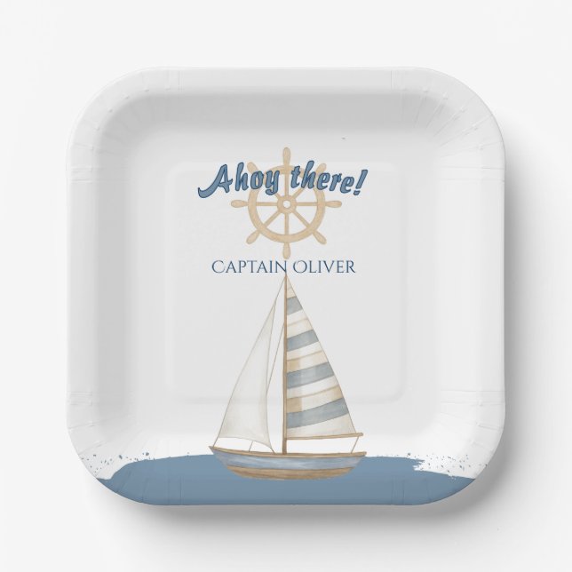 Nautical Kids Birthday | Navy Blue & White boat Paper Plates (Front)