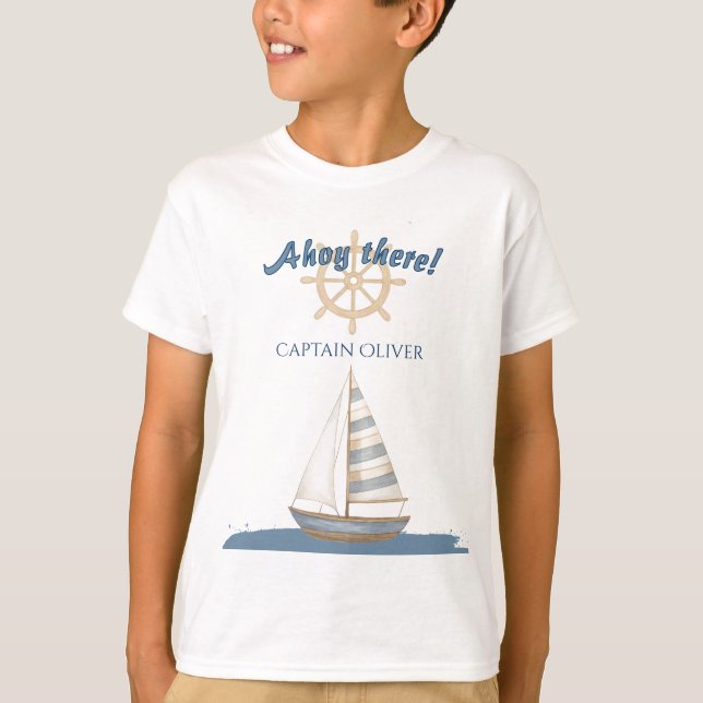 Nautical Kids Birthday | Navy Blue & White boat T-Shirt (Front)