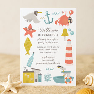 Nautical kids birthday party. Sea animals. Boy Invitation