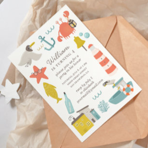 Nautical kids birthday party. Sea beach animals Invitation