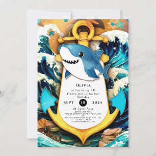 Nautical Kids Boho Shark Birthday Invitation