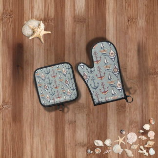 Nautical Kitchen Personalized Gift Oven Mitt & Pot Holder Set