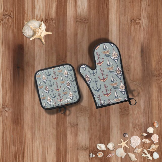 Nautical Kitchen Personalized Gift Oven Mitt & Pot Holder Set (Creator Uploaded)