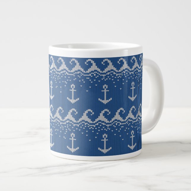 Nautical Knit Pattern Large Coffee Mug (Front Right)