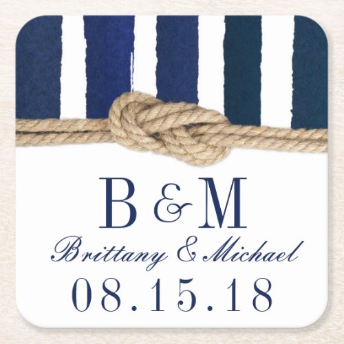 Nautical Knot Burlap Navy Stripes Wedding Coasters