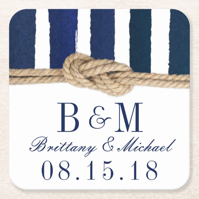 Nautical Knot Burlap Navy Stripes Wedding Coasters (Front)