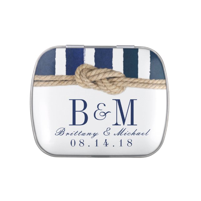 Nautical Knot Burlap Navy Stripes Wedding Favor Candy Tin (Top)