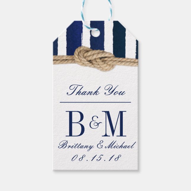 Nautical Knot Burlap Navy Stripes Wedding Gift Tag (Front)