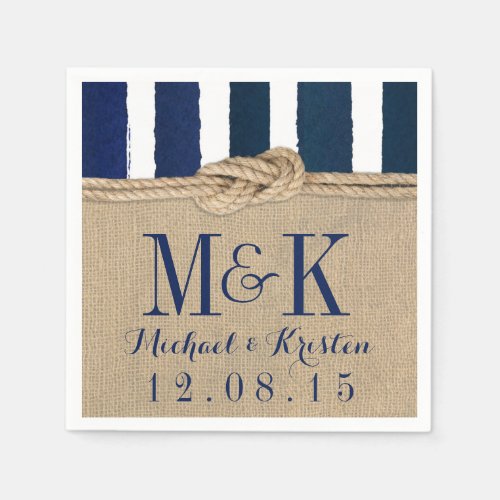 Nautical Knot Burlap Navy Stripes Wedding Napkins