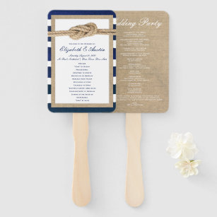 Nautical Knot Burlap Navy Stripes Wedding Program Hand Fan