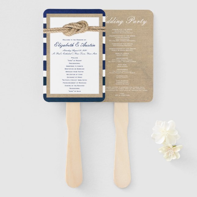 Nautical Knot Burlap Navy Stripes Wedding Program Hand Fan (Front and Back)