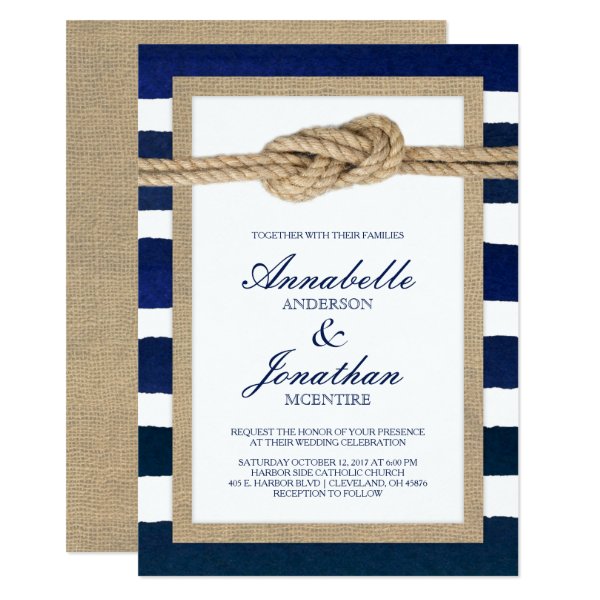 256943698812912530 Nautical Knot Burlap & Watercolor Navy Stripes Invitation