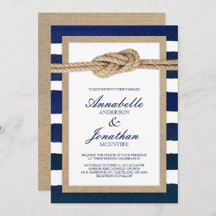 Nautical Knot Burlap & Watercolor Navy Stripes Invitation