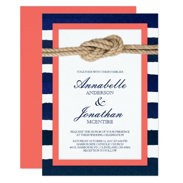 Nautical Knot Coral & Navy Stripes Wedding Invitation