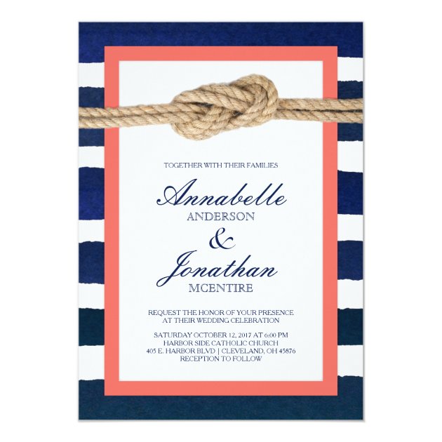 Nautical Knot Coral & Navy Stripes Wedding Invitation