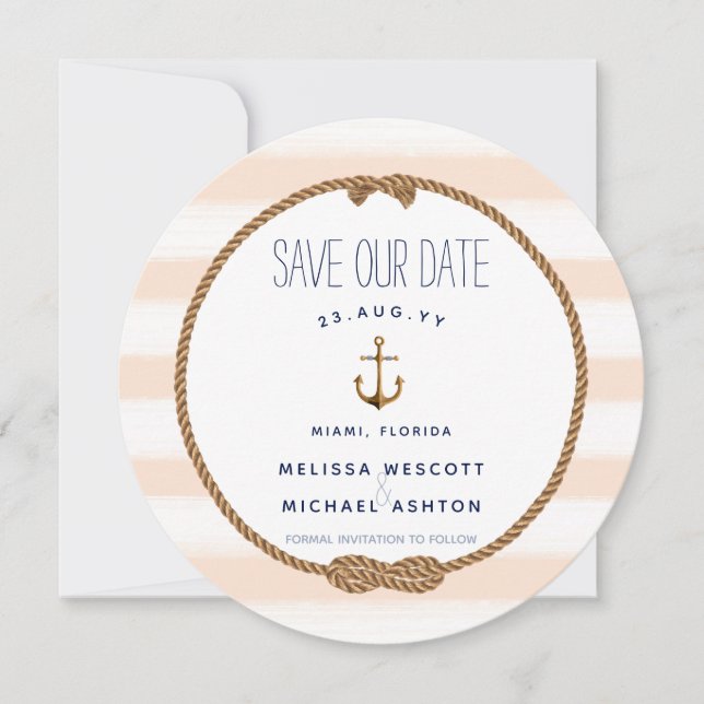 Nautical Knot Coral Watercolor Anchor Save / Date Invitation (Front)