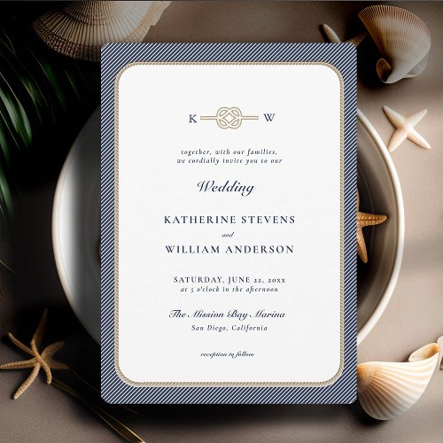 Nautical Knot Monograms Elegant Navy Tan Wedding Invitation