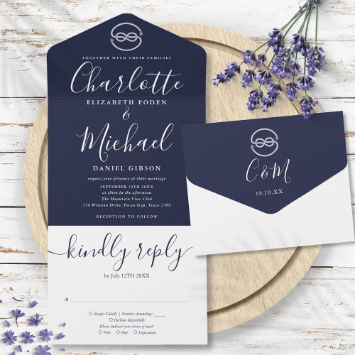 Nautical Knot Navy Blue And White Script Wedding All In One Invitation