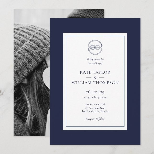 Nautical Knot Navy Blue And White Wedding Photo Invitation (Front/Back)