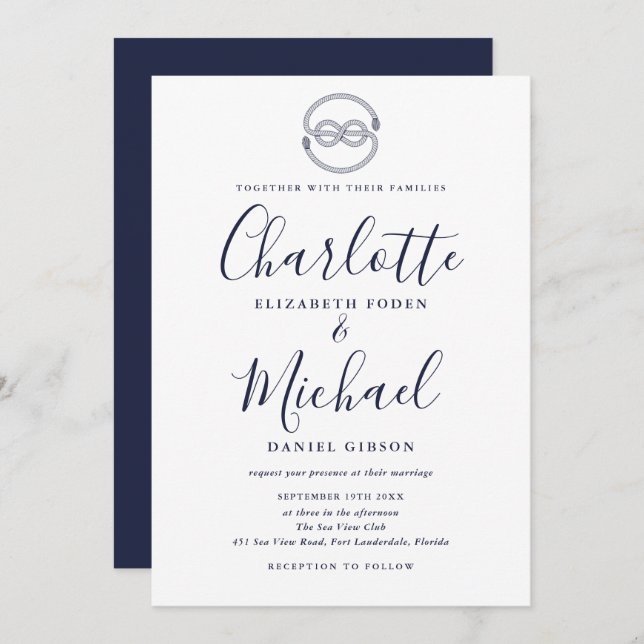 Nautical Knot Navy Blue Script Wedding Invitation (Front/Back)