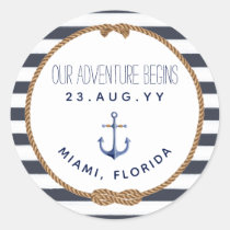 Nautical Knot Navy Blue &amp; White Striped Wedding Classic Round Sticker
