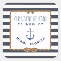 Nautical Knot Navy Blue &amp; White Striped Wedding Square Sticker