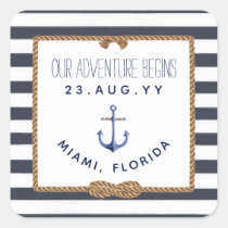Nautical Knot Navy Blue &amp; White Striped Wedding Square Sticker