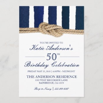 Nautical Knot Navy Stripes Birthday Invitation by ModernMatrimony at Zazzle