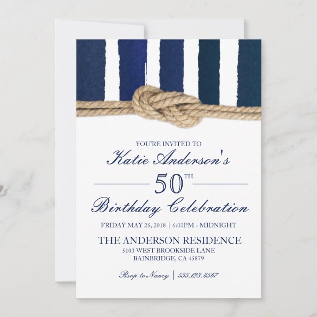 Nautical Knot Navy Stripes Birthday Invitation (Front)